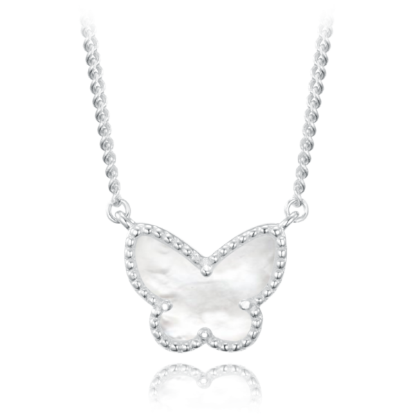 MINET Strieborný náhrdelník motýľ s bielou perlou