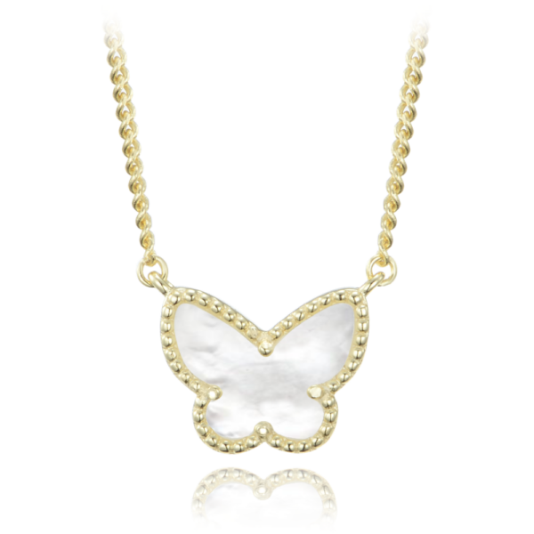 MINET Pozlátený strieborný náhrdelník motýľ s bielou perlou